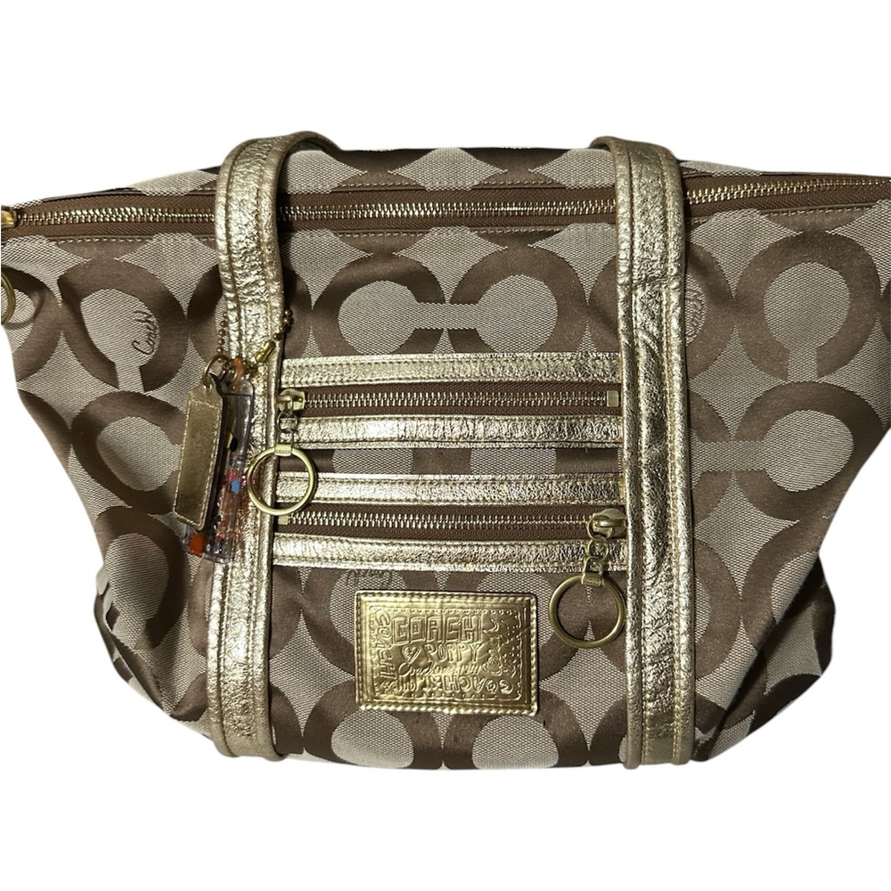 Coach poppy Brown and Gold monogrammed canvas leather handles shoulder bag new